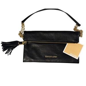 Michael Kors Black Pebbled Leather Foldover Clutch Bag with Gold Chain & Tassel